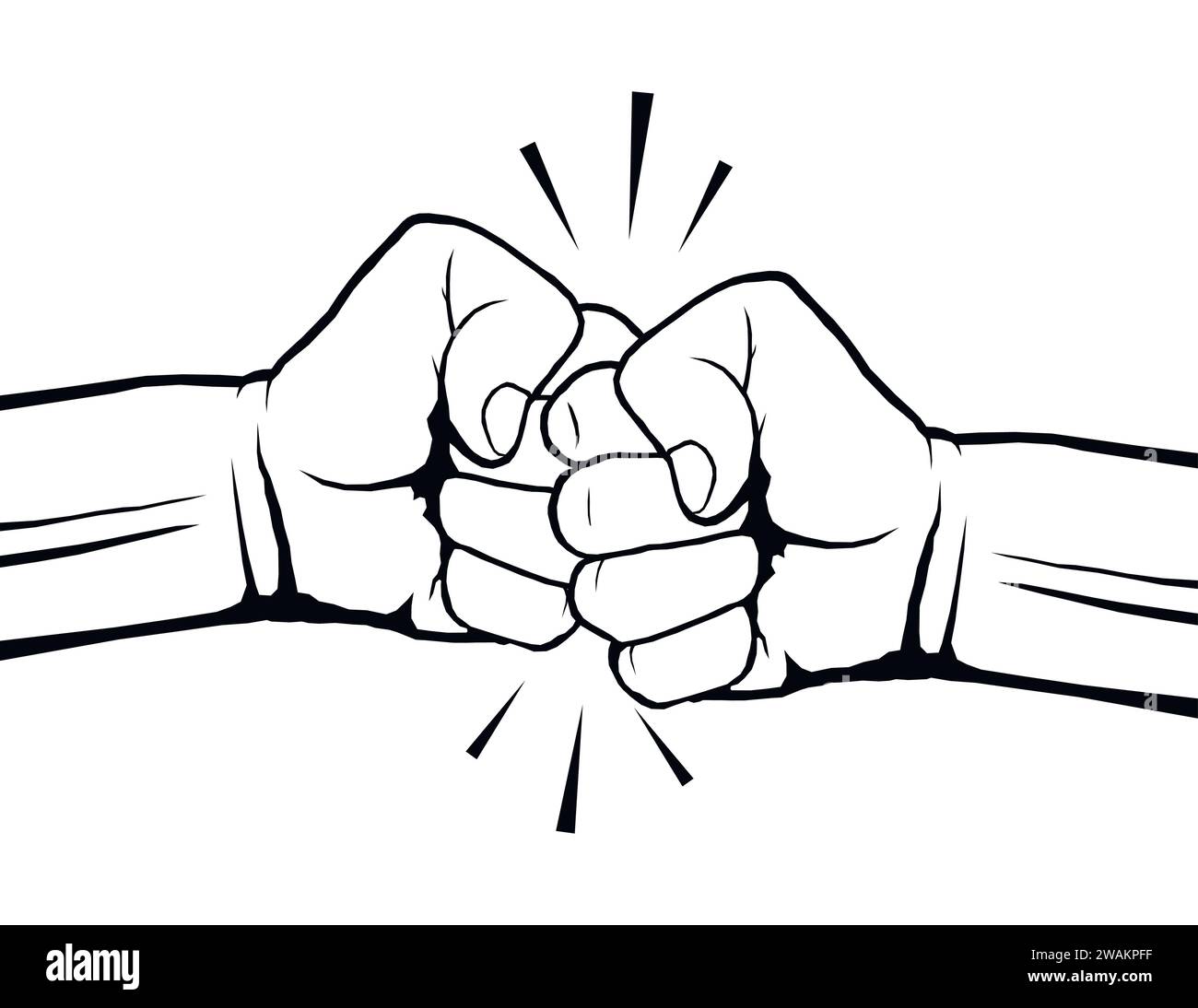 Hand drawn of two fists bumping together. Concept of teamwork, partnership, friendship, passion or conflict, confrontation, resistance, competition, s Stock Vector