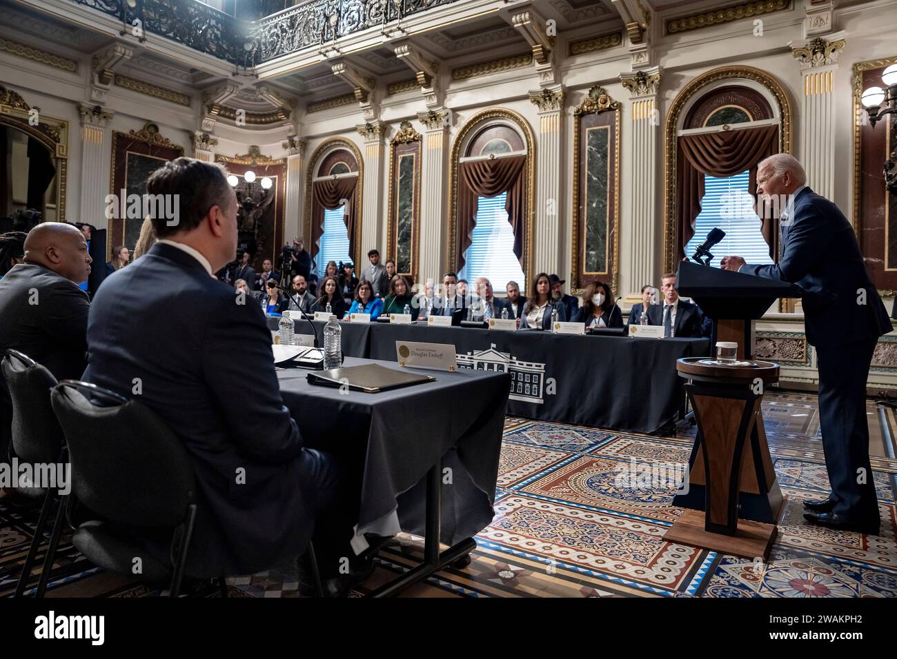 Washington, United States of America. 11 October, 2023. U.S President Joe Biden addresses a group of Jewish Community leaders to express support for Israel and preventing anti-semitism following the recent Hamas terrorist attacks at the Indian Treaty Room of the Eisenhower Executive Office Building in the White House, October 11, 2023 in Washington, D.C.  Credit: Adam Schultz/White House Photo/Alamy Live News Stock Photo