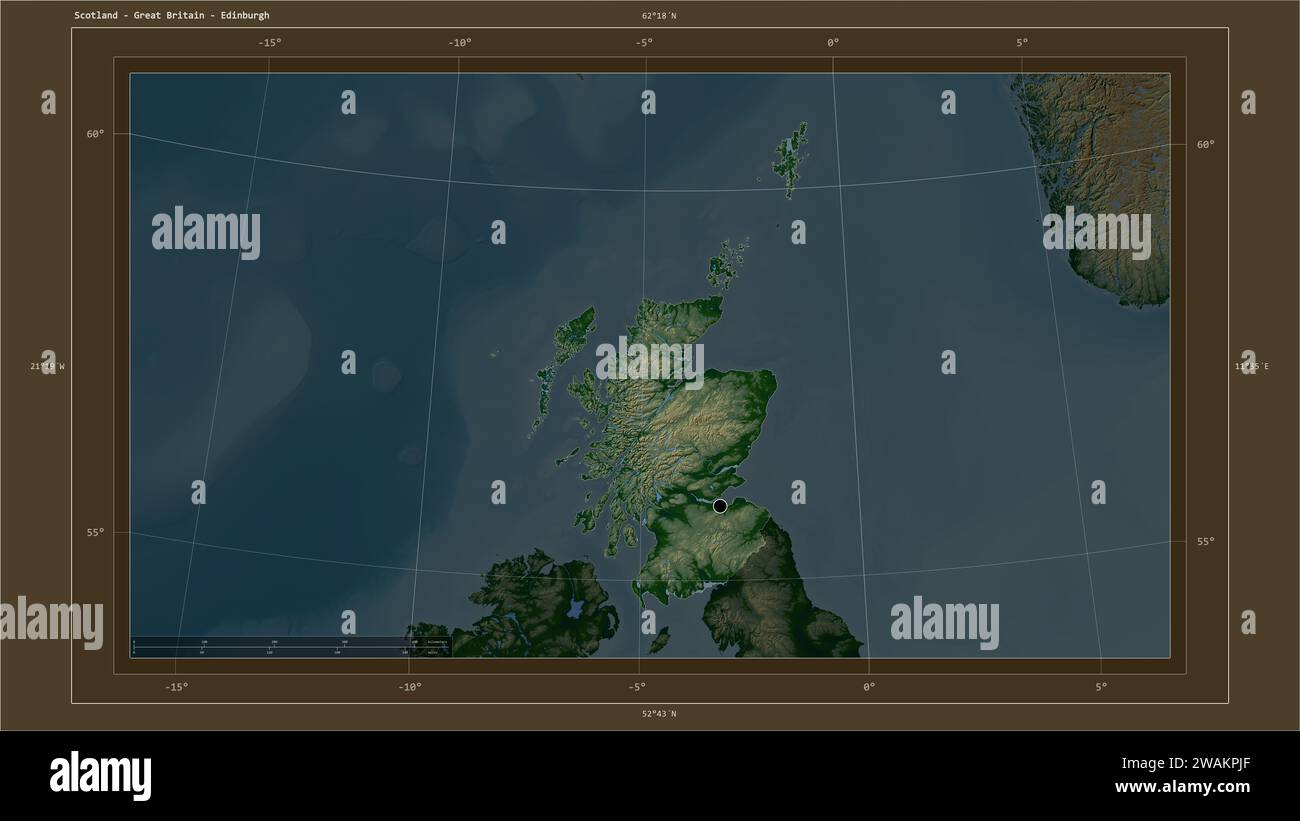 Scotland - Great Britain highlighted on a Colored elevation map with lakes and rivers map with 
