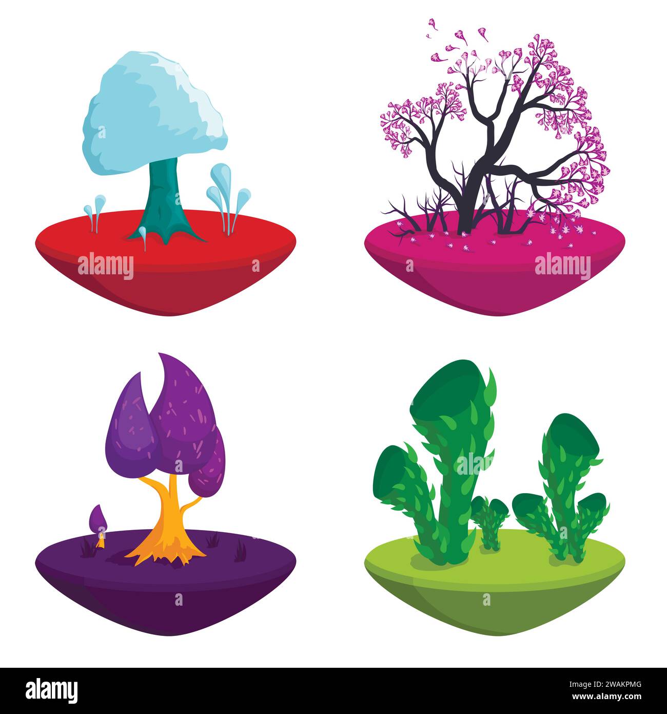 Fairytale trees set isolated on white background. Fantasy plants nature landscape elements, Funny colorful magic trees. Forest with cartoon treetops. Stock Vector