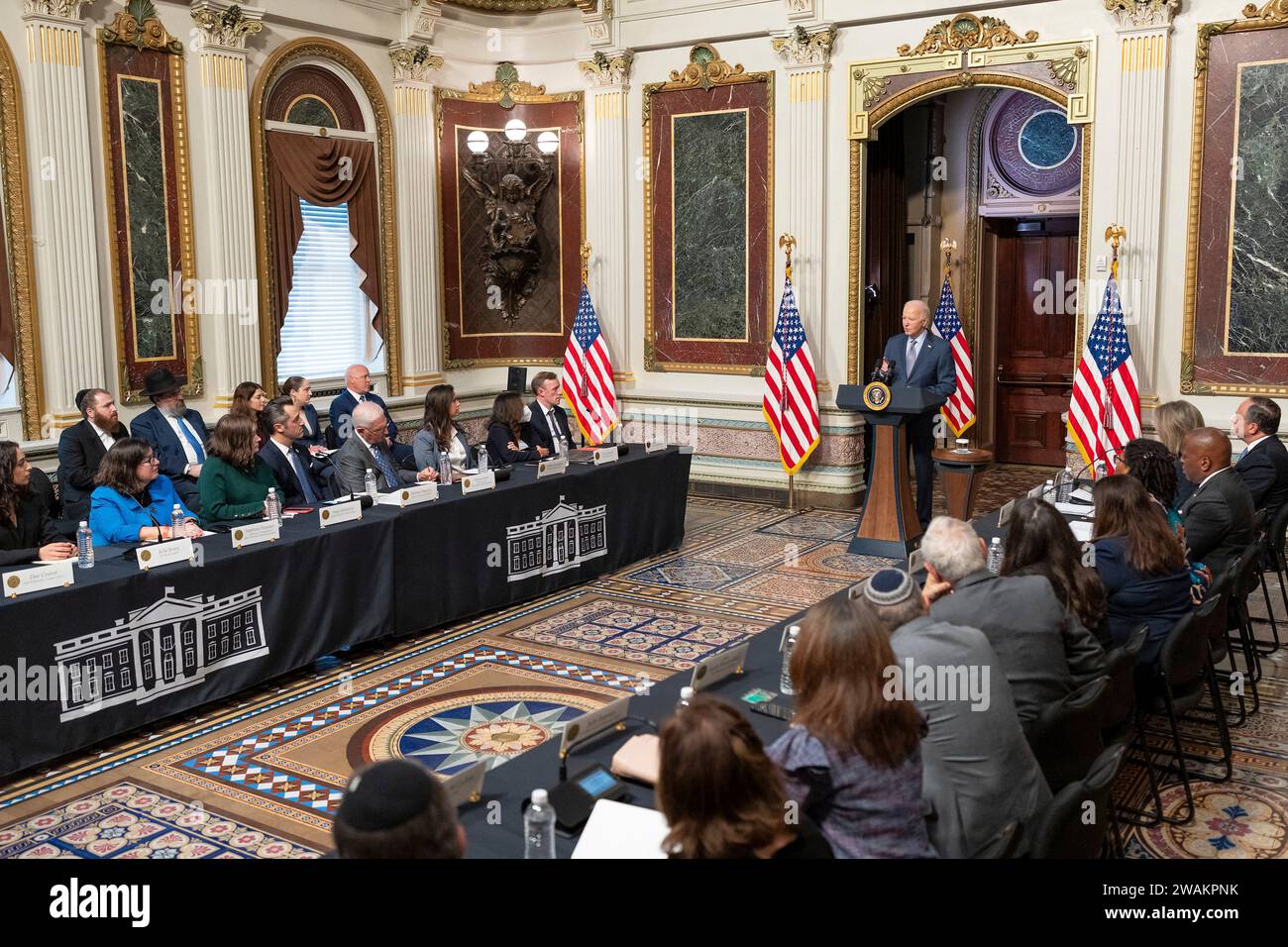 Washington, United States of America. 11 October, 2023. U.S President Joe Biden addresses a group of Jewish Community leaders to express support for Israel and preventing anti-semitism following the recent Hamas terrorist attacks at the Indian Treaty Room of the Eisenhower Executive Office Building in the White House, October 11, 2023 in Washington, D.C.  Credit: Oliver Contreras/White House Photo/Alamy Live News Stock Photo