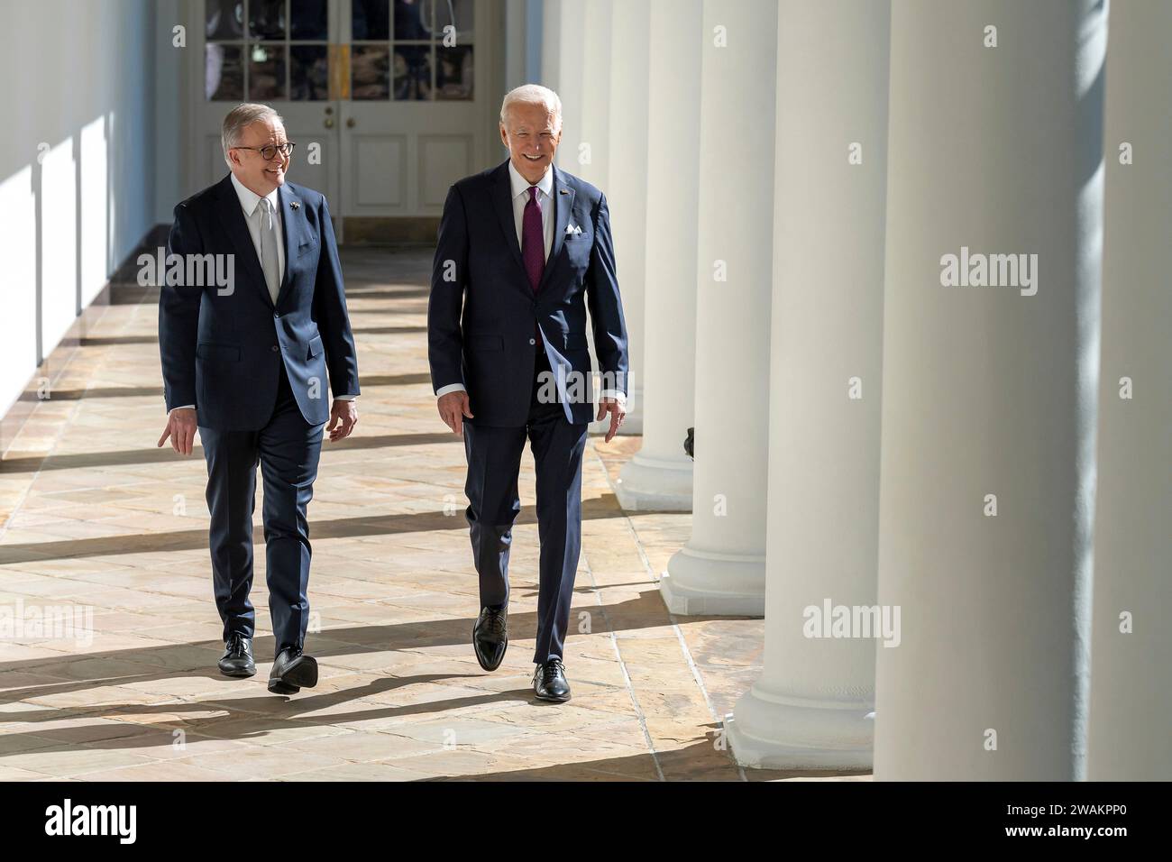 Washington, United States of America. 25 October, 2023. Australian Prime Minister Anthony Albanese, left, is escorted by U.S President Joe Biden through the West Colonnade to a bilateral meeting in the Oval Office of the White House, October 25, 2023 in Washington, D.C.  Credit: Oliver Contreras/White House Photo/Alamy Live News Stock Photo