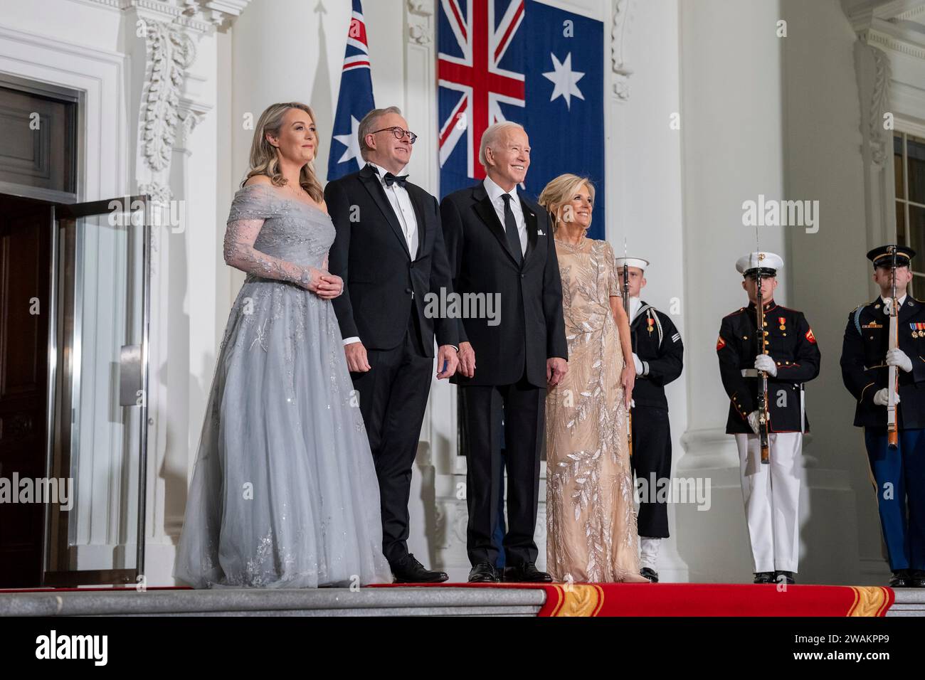 Washington, United States of America. 25 October, 2023. Left to right: Jodie Haydon, Australian Prime Minister Anthony Albanese, U.S President Joe Biden and First Lady Jill Biden during the arrival for the State Dinner on the North Portico of the White House, October 25, 2023 in Washington, D.C.  Credit: Erin Scott/White House Photo/Alamy Live News Stock Photo