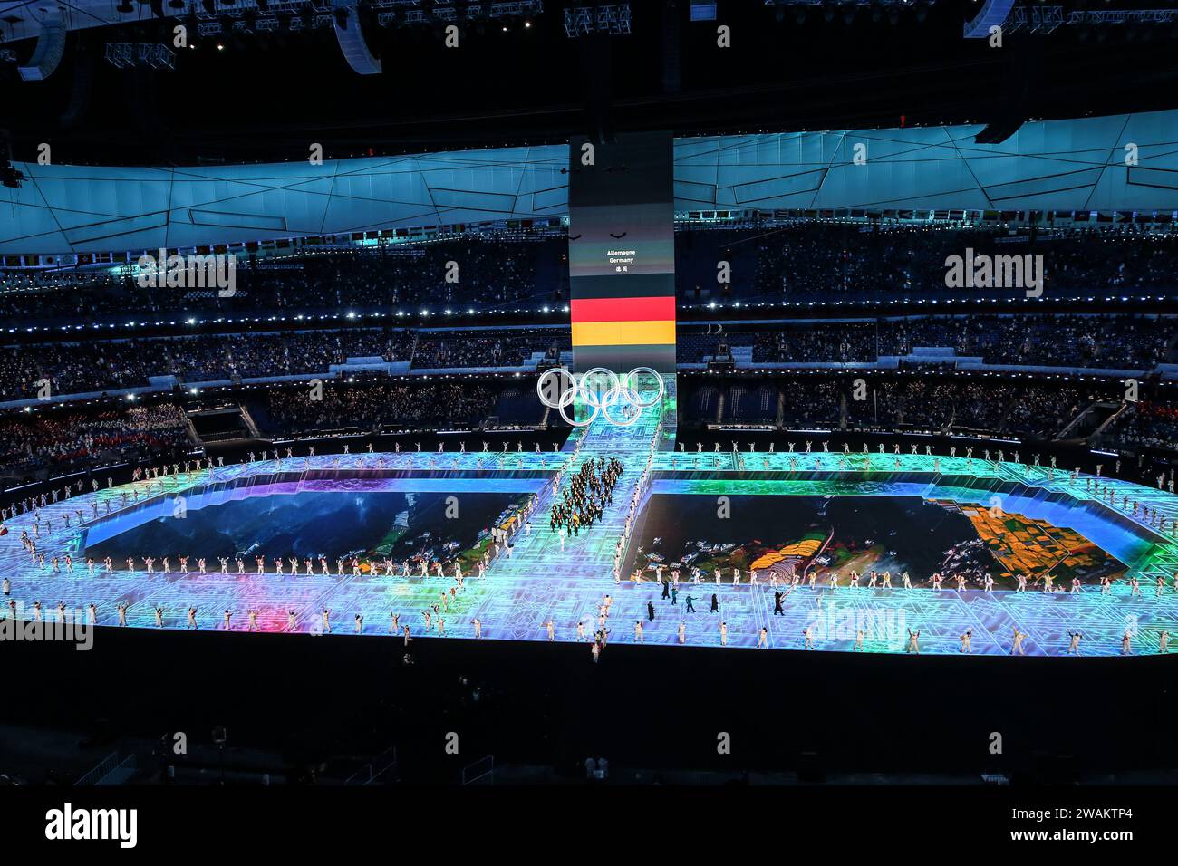 FEB 4, 2022 - Beijing, China: Francesco Friedrich and Claudia Pechstein are the flag bearers of Team Germany during the Parade of Nations in the Openi Stock Photo