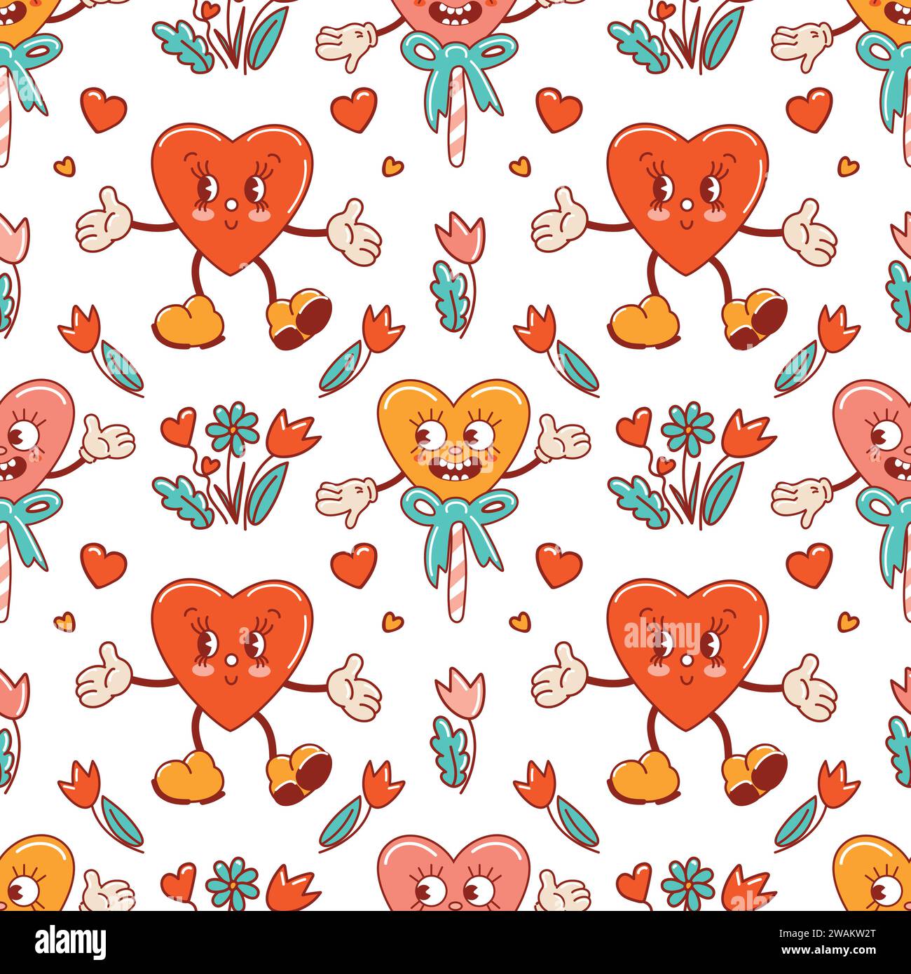 Seamless pattern for Valentines Day. Characters in old retro cartoon style. Dancing funky-groovy cute lollipops and hearts with flowers. For wallpaper Stock Vector