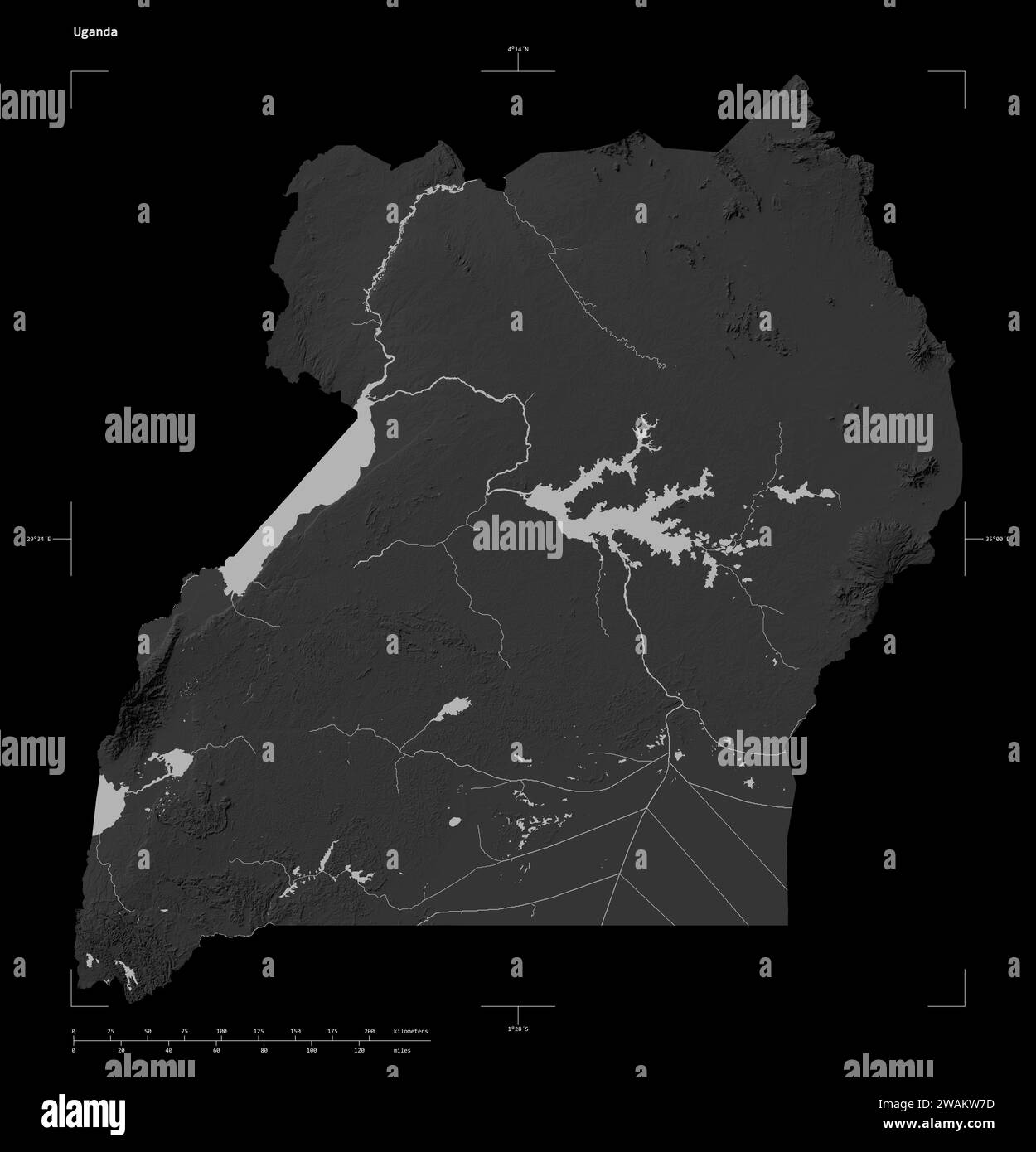 Shape of a Grayscale elevation map with lakes and rivers of the Uganda ...