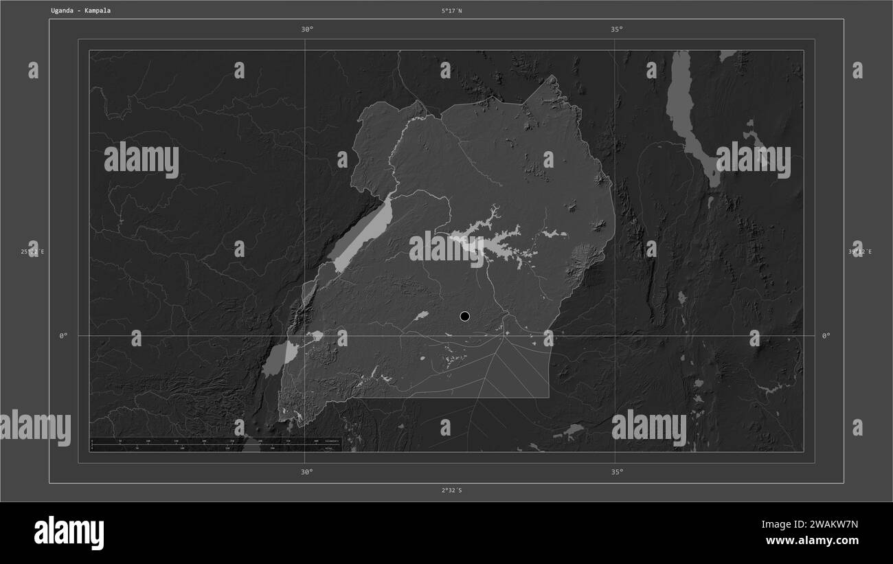 Uganda highlighted on a Bilevel elevation map with lakes and rivers map ...