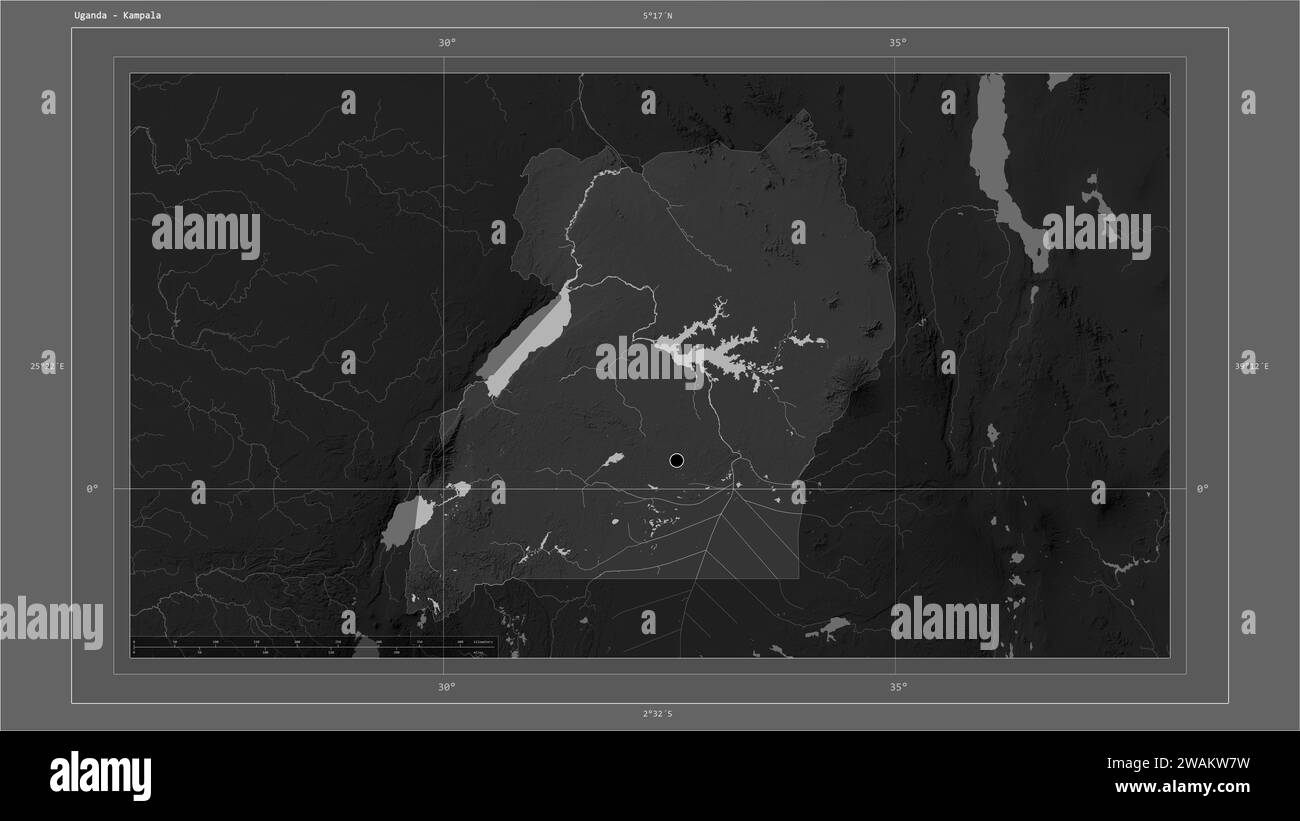 Uganda highlighted on a Grayscale elevation map with lakes and rivers
