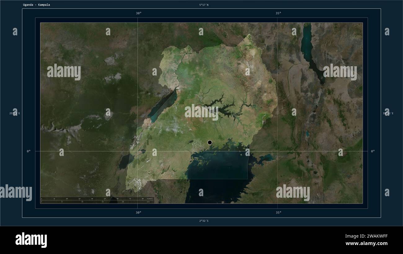 Uganda highlighted on a high resolution satellite map map with the