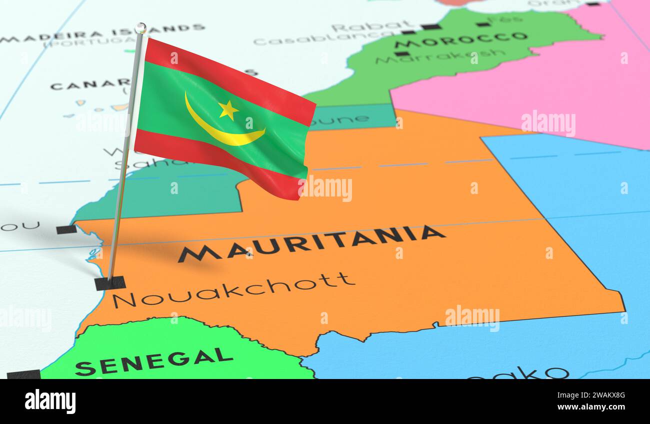 Mauritania, Nouakchott - national flag pinned on political map - 3D illustration Stock Photo