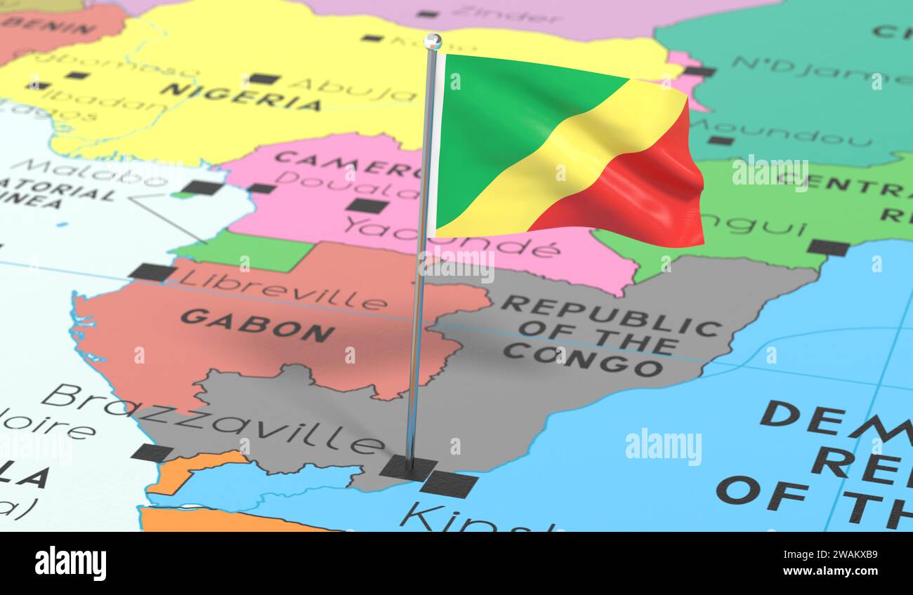 Republic of the Congo, Brazzaville - national flag pinned on political map - 3D illustration Stock Photo