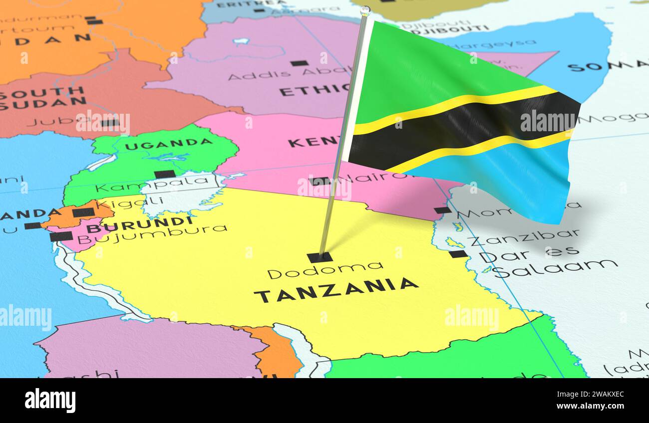 Tanzania, Dodoma - national flag pinned on political map - 3D illustration Stock Photo