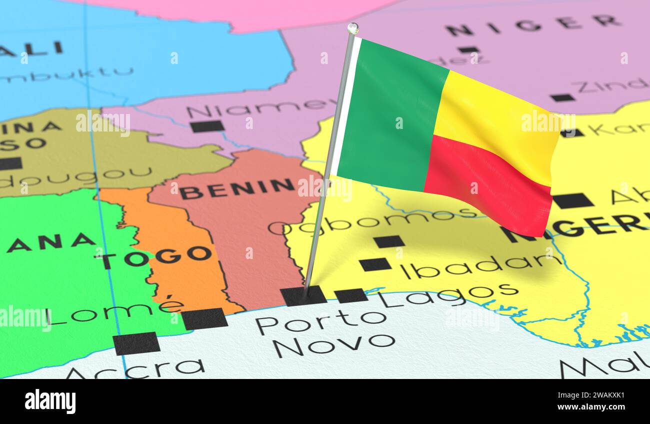 Benin, Porto Novo - national flag pinned on political map - 3D illustration Stock Photo
