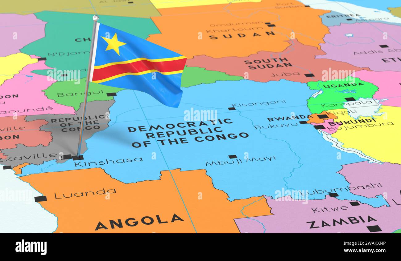 Democratic Republic of the Congo, Kinshasa - national flag pinned on political map - 3D illustration Stock Photo