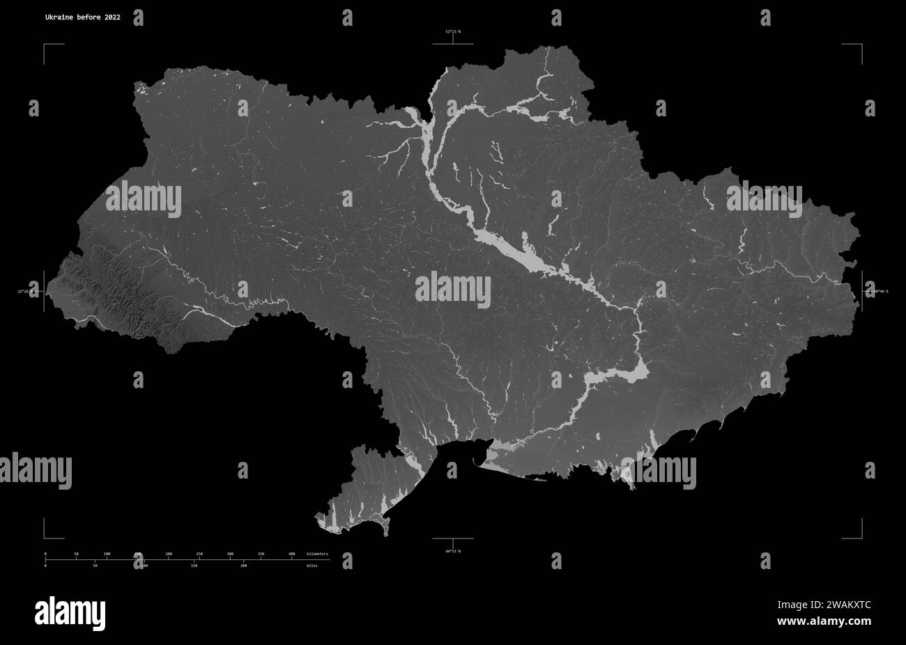 Shape of a Grayscale elevation map with lakes and rivers of the Ukraine