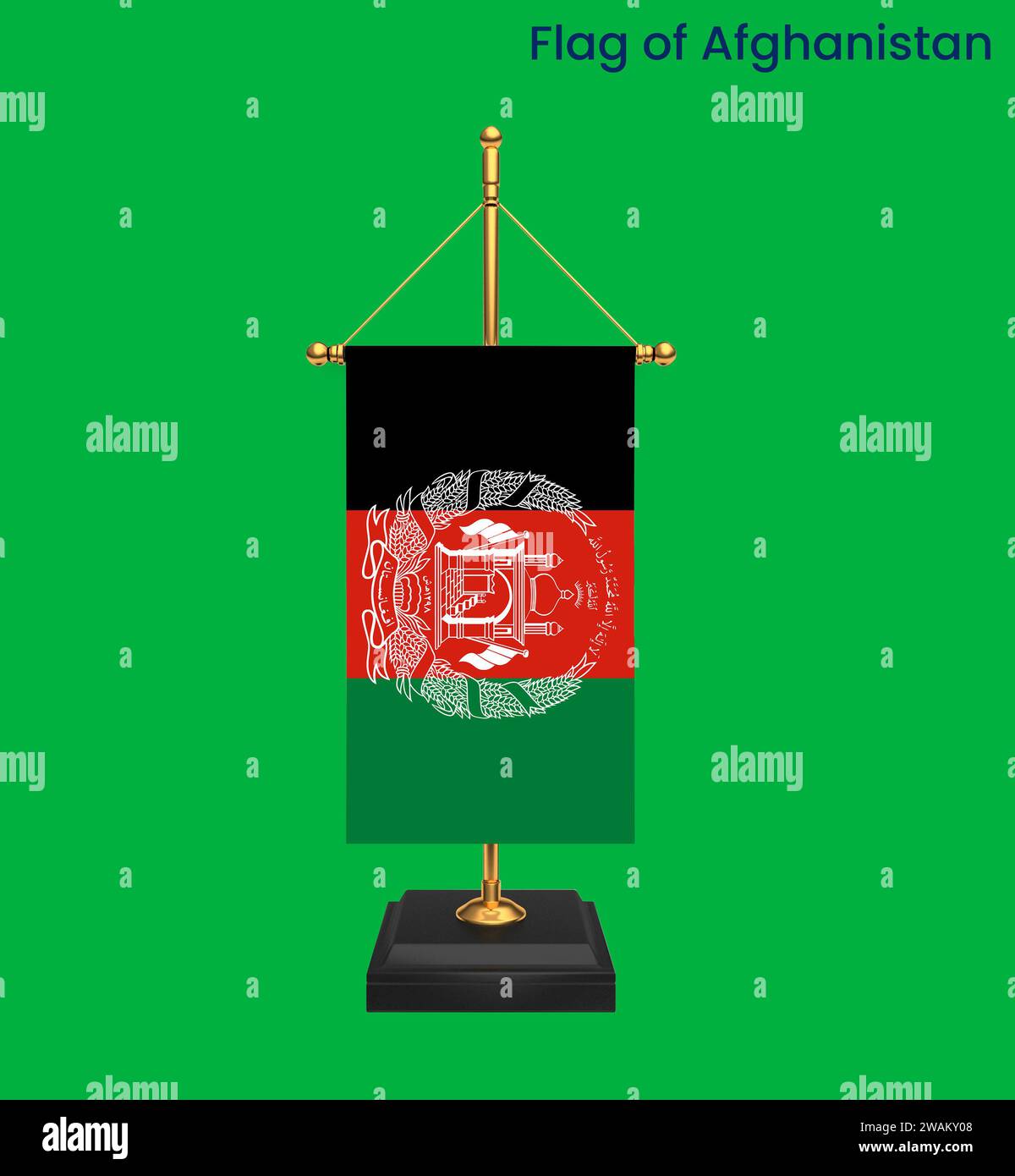 High detailed flag of Afghanistan. National Afghanistan flag. Green background. 3D illustration. Stock Photo
