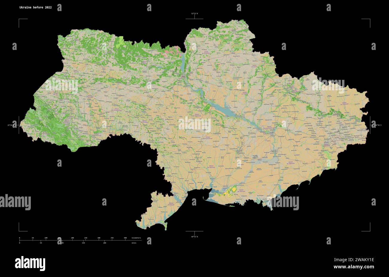 Shape of a topographic, OSM France style map of the Ukraine before 2022 ...