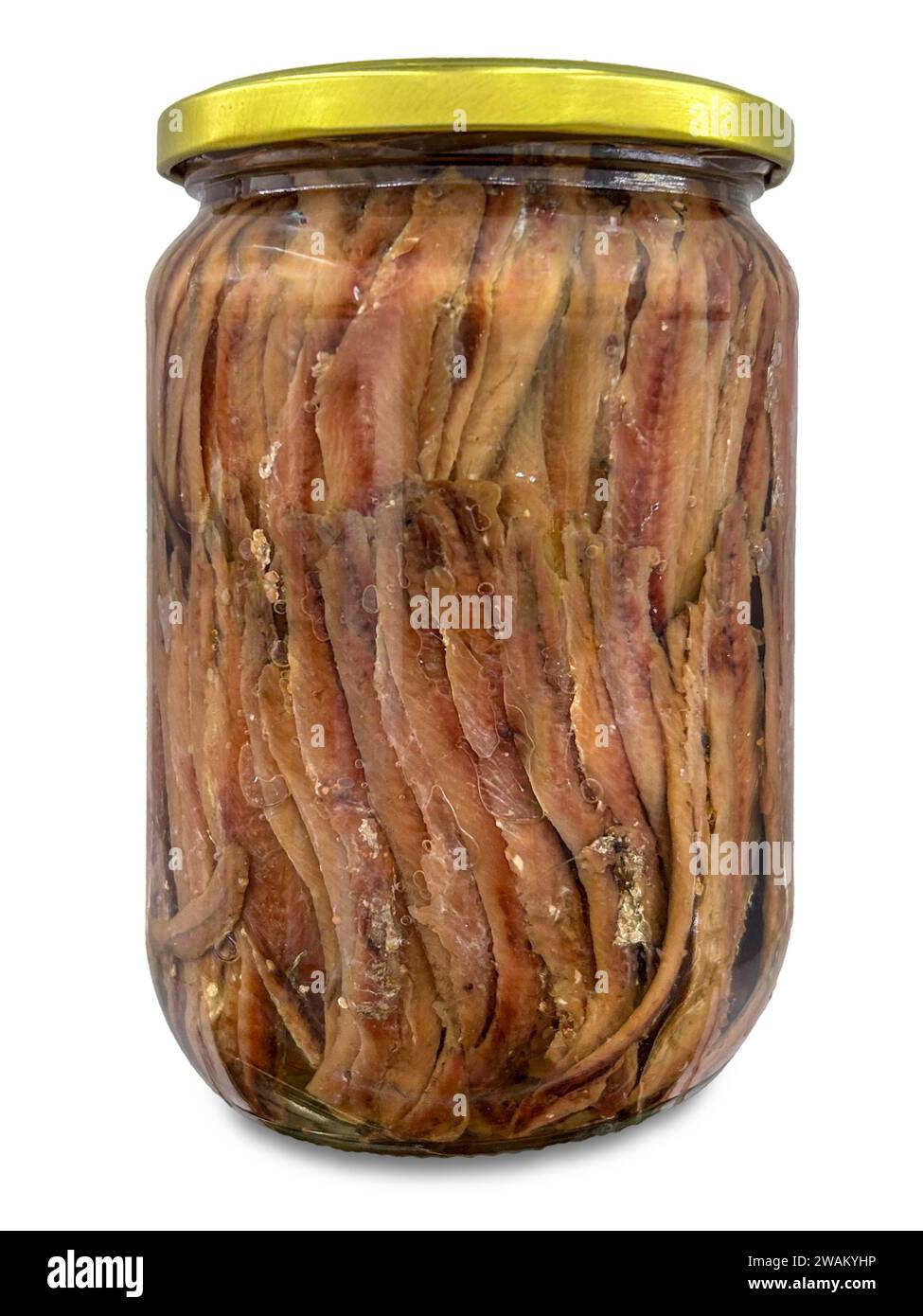 Fillets anchovies in oil in glass jar isolated on white with clipping