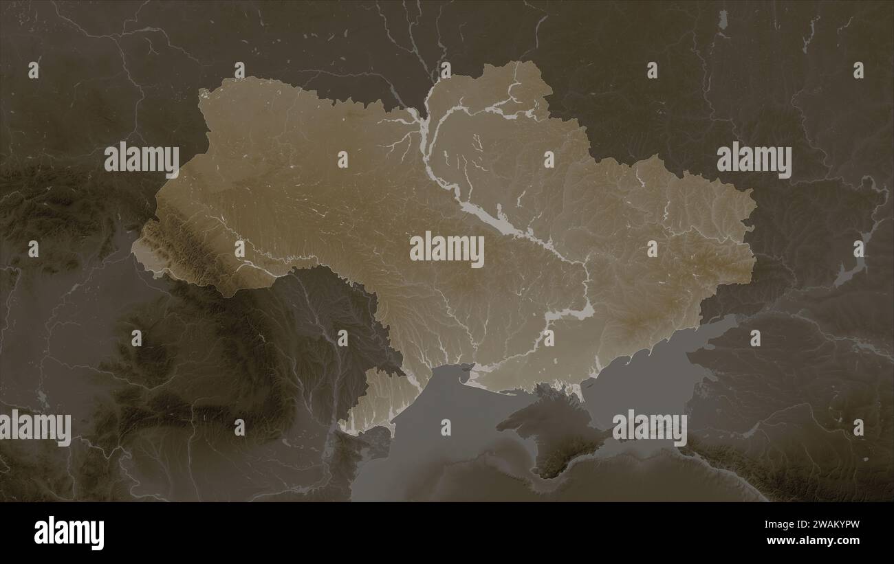 Main Ukraine Rivers Ukraine before 2022 highlighted on a elevation map colored in sepia ...