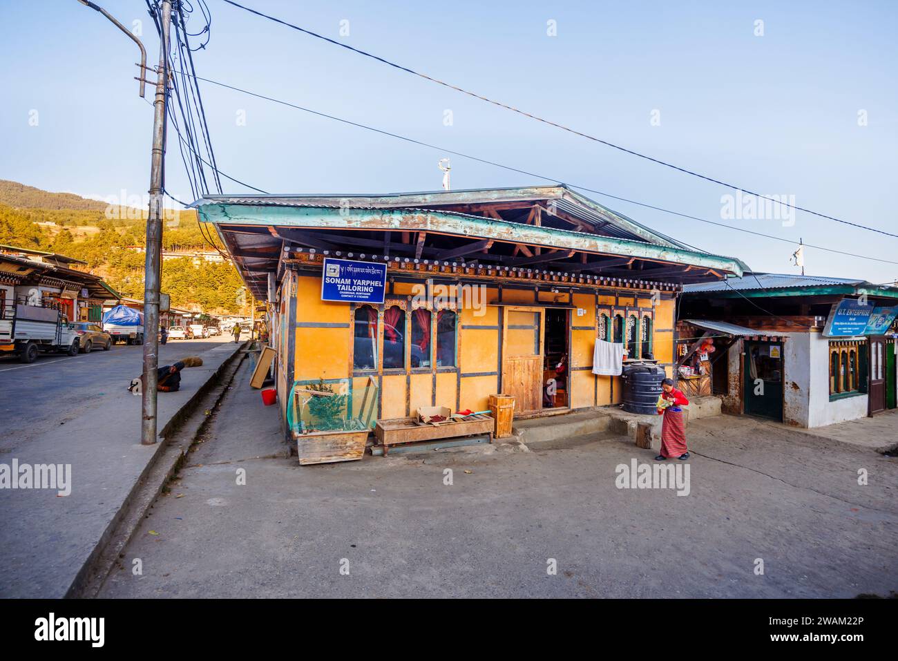 Typical local shops in Local shops in Chamkhar Town, Bumthang, in the central-eastern region of Bhutan Stock Photo