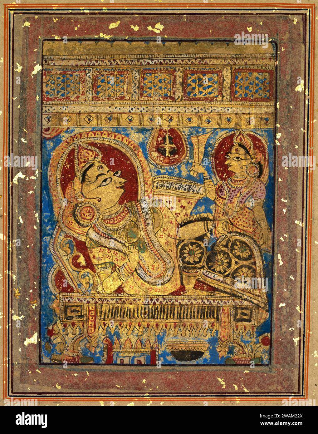 Painting from a Kalpa-sutra: Queen Trishala Reclining. c. 1450–75.  Gum tempera and gold on paper; 18th century gold flecked border. Stock Photo