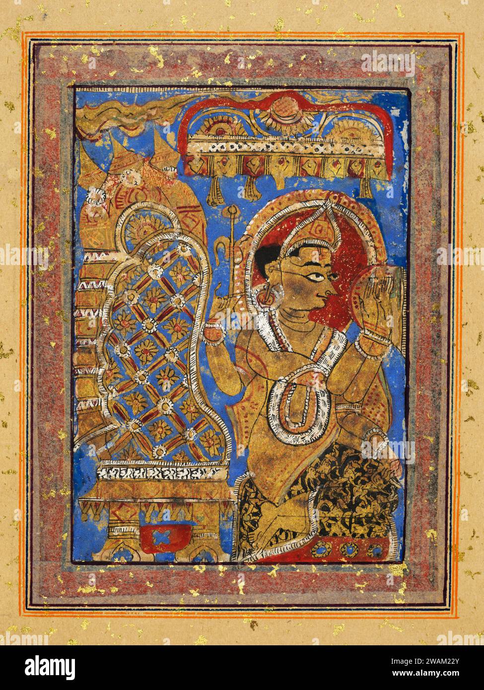 Painting from a Kalpa-sutra: Indra Praises the Embryo of Mahavira in the Womb of the Brahman Woman Devananda.  c. 1450–75.  Gum tempera and gold on paper; 18th century gold flecked paper border. Stock Photo