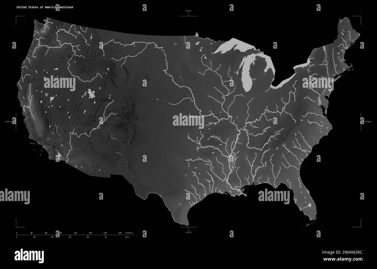 Shape of a Grayscale elevation - Shape Of A Grayscale Elevation Map With Lakes And Rivers Of The United States Of America Mainland With Distance Scale And Map Border Coordinates Is 2WAM2RC 