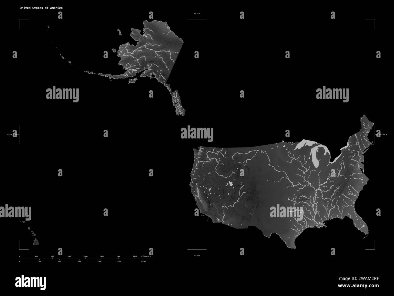 Shape of a Grayscale elevation - Shape Of A Grayscale Elevation Map With Lakes And Rivers Of The United States Of America With Distance Scale And Map Border Coordinates Isolated On 2WAM2RF 