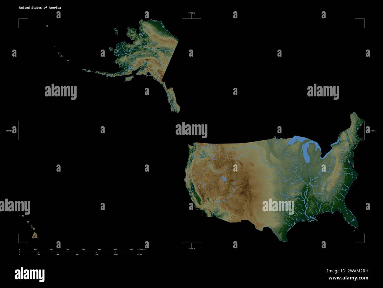 Shape of a Colored elevation map - Shape Of A Colored Elevation Map With Lakes And Rivers Of The United States Of America With Distance Scale And Map Border Coordinates Isolated On Bl 2WAM2RH 