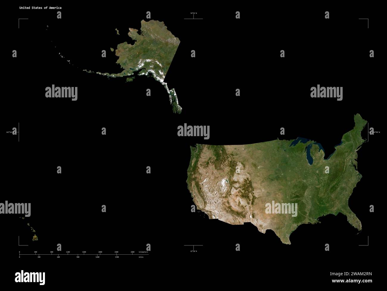 Shape of a low resolution satellite - Shape Of A Low Resolution Satellite Map Of The United States Of America With Distance Scale And Map Border Coordinates Isolated On Black 2WAM2RN 