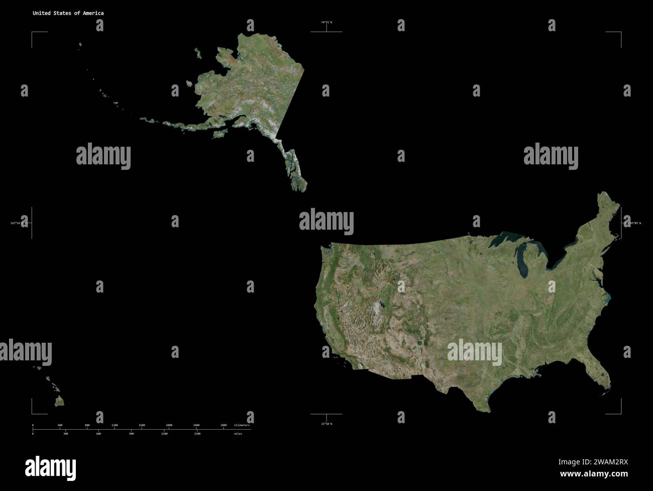 Shape of a high resolution satellite - Shape Of A High Resolution Satellite Map Of The United States Of America With Distance Scale And Map Border Coordinates Isolated On Black 2WAM2RX