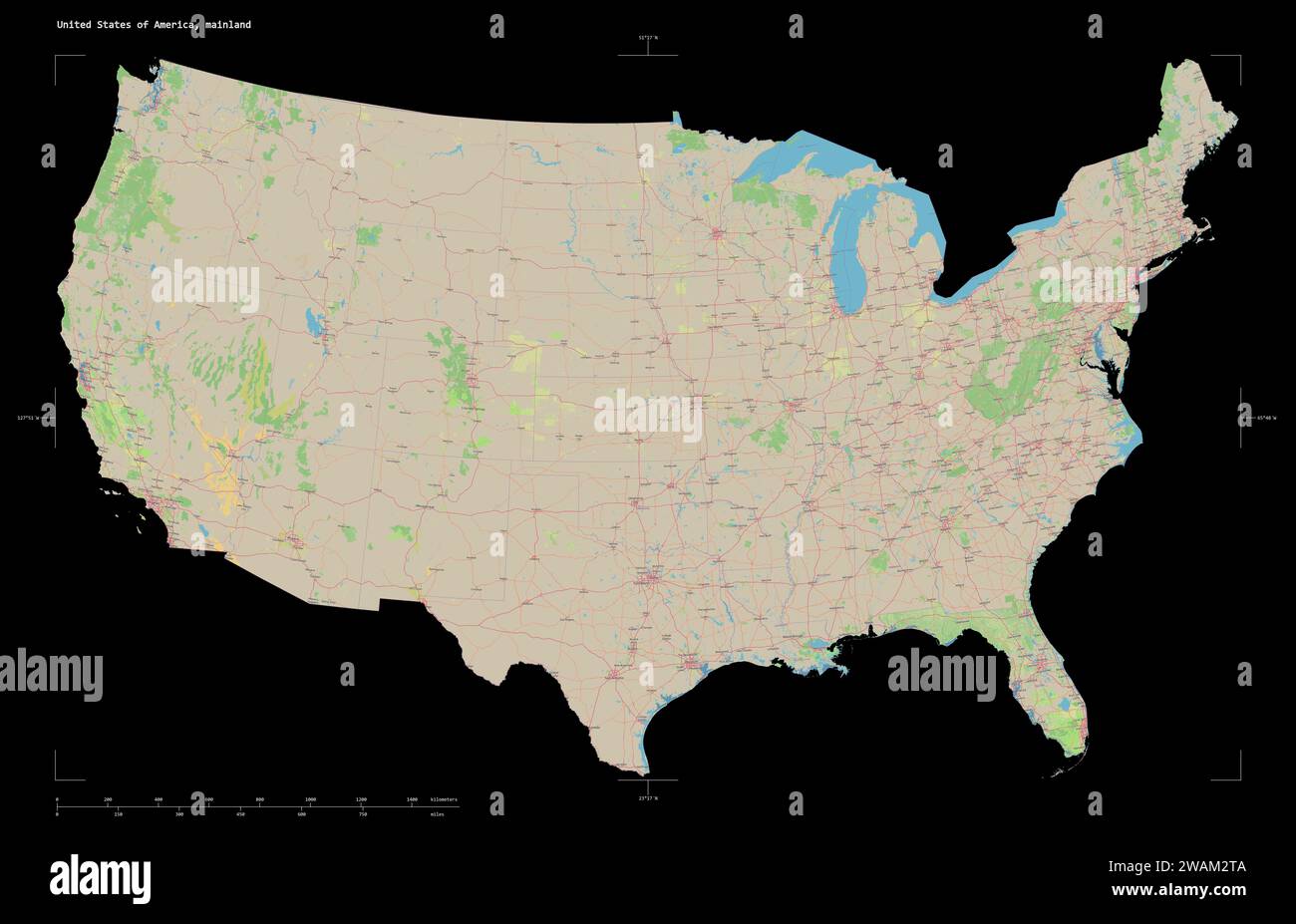Shape of a topographic OSM standard - Shape Of A Topographic Osm Standard Style Map Of The United States Of America Mainland With Distance Scale And Map Border Coordinates Isolated On 2WAM2TA 