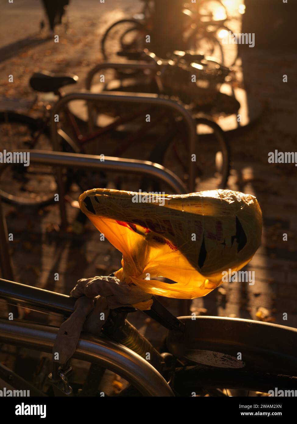plastic bag on bicycle seat protecting it from getting wet by the rain