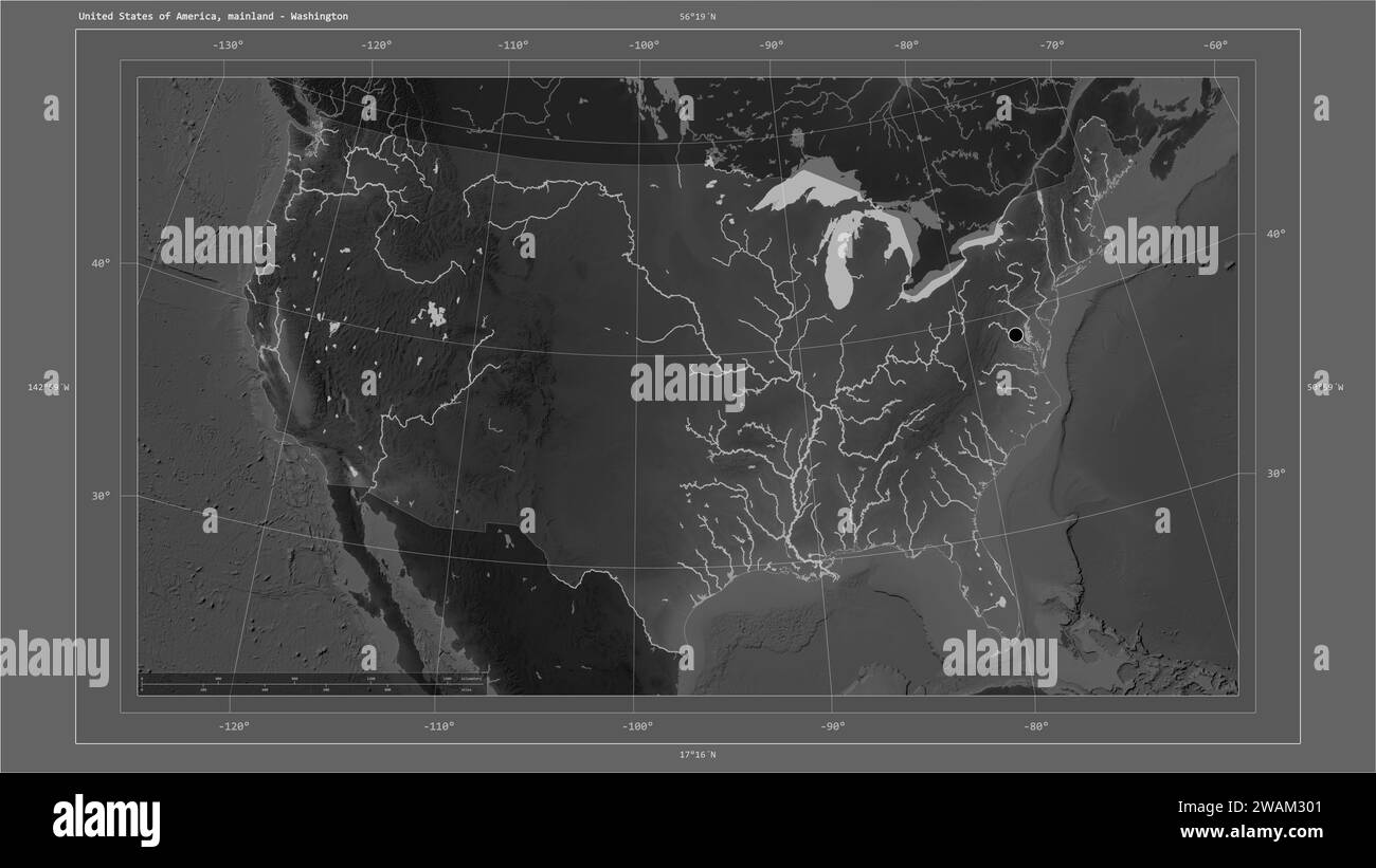 United States Of America Mainland Highlighted On A Grayscale Elevation United States Of America Mainland Highlighted On A Grayscale Elevation Map With Lakes And Rivers Map With The Countrys Capital Point Cartographic G 2WAM301 