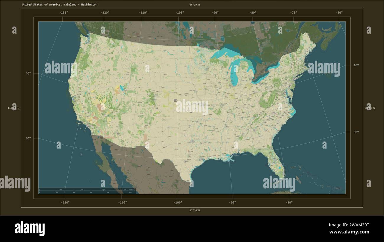 United States Of America, Mainland Highlighted On A Topographic, OSM ...