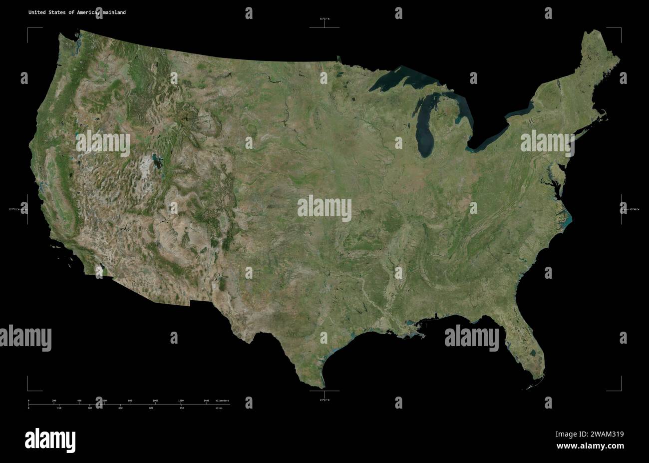Shape of a high resolution satellite - Shape Of A High Resolution Satellite Map Of The United States Of America Mainland With Distance Scale And Map Border Coordinates Isolated On Black 2WAM319