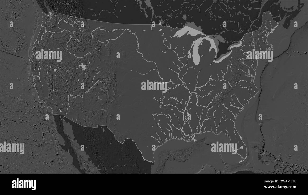 United States of America mainland - United States Of America Mainland Highlighted On A Bilevel Elevation Map With Lakes And Rivers 2WAM33E