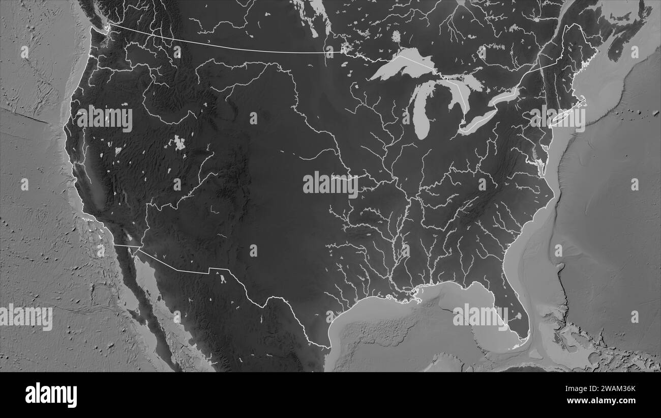 United States of America mainland - United States Of America Mainland Outlined On A Grayscale Elevation Map With Lakes And Rivers 2WAM36K 
