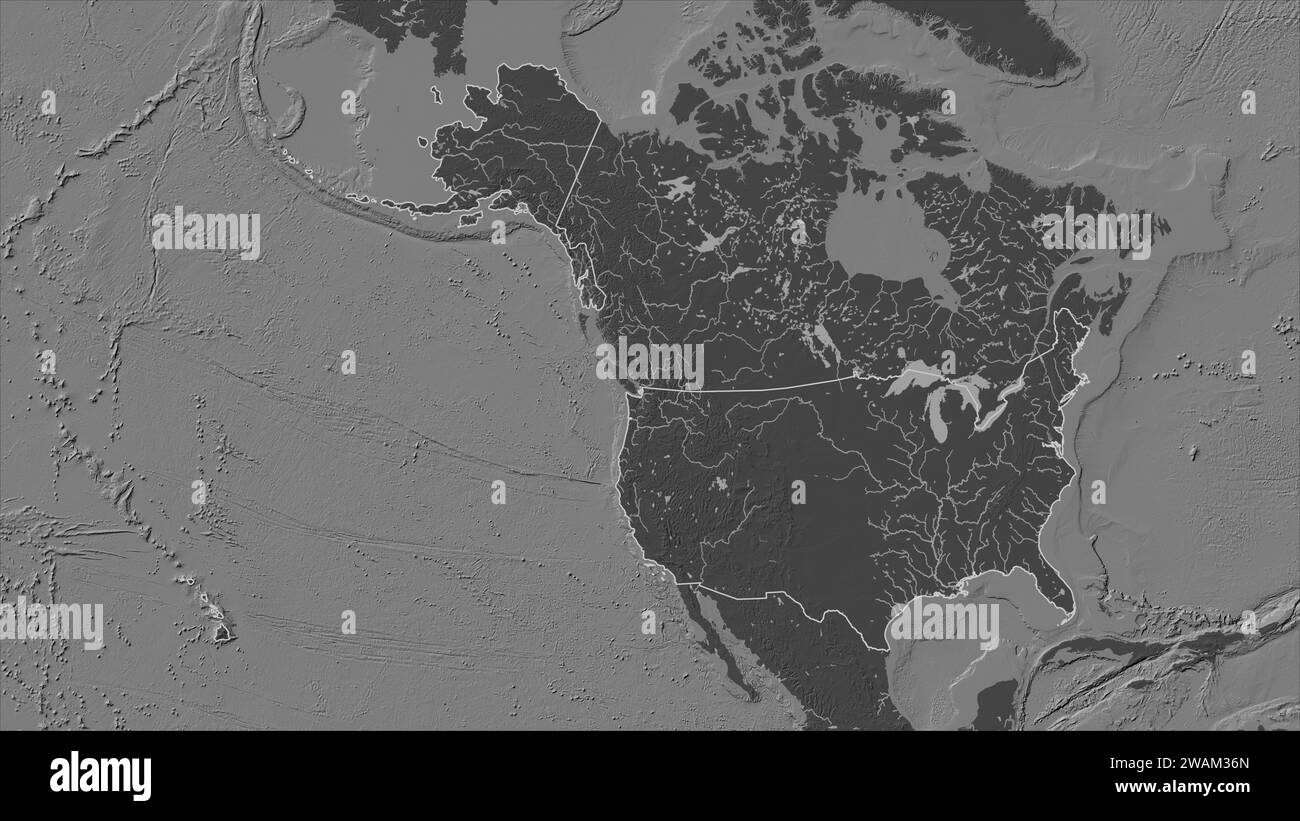 United States of America outlined - United States Of America Outlined On A Bilevel Elevation Map With Lakes And Rivers 2WAM36N