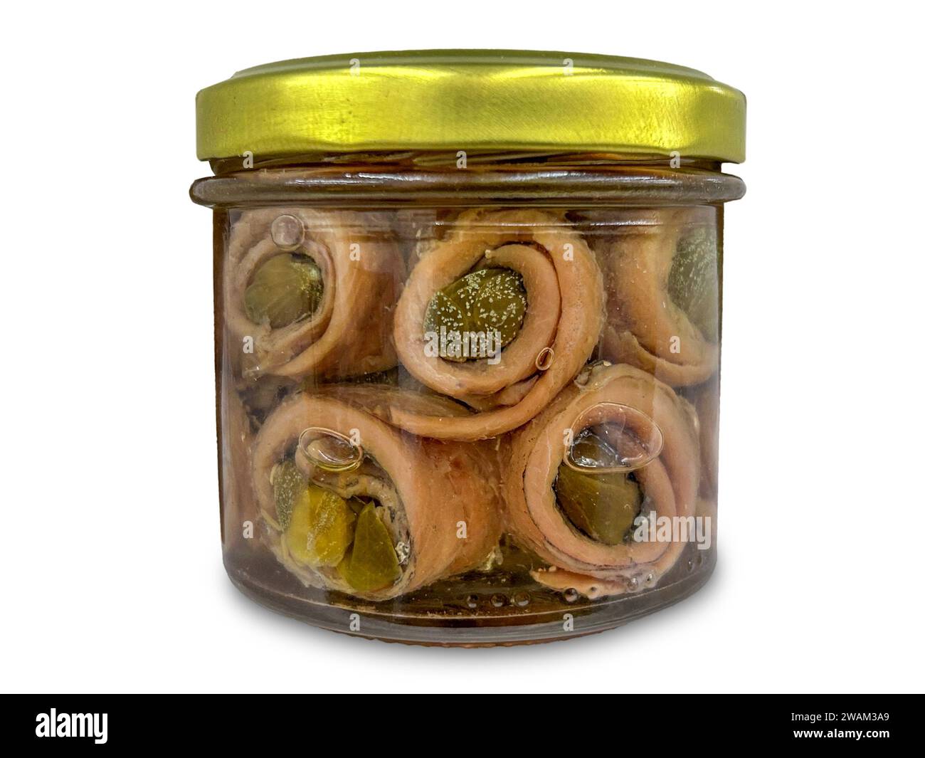 Rolled anchovy fillets with capers in oil in glass jar isolated on white with clipping path