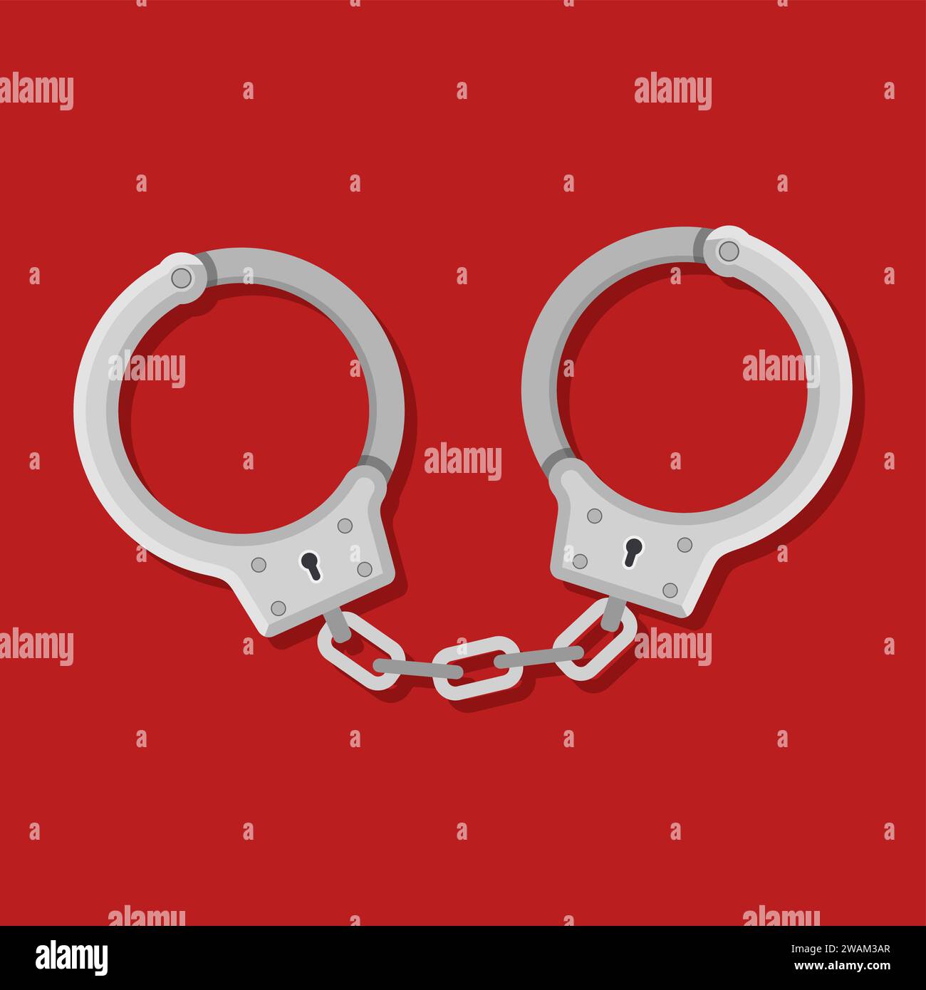 Metal handcuffs for detaining criminals on red background. Outfit of a policeman. Element of police and prison icon of arrest of offender. Restriction Stock Vector