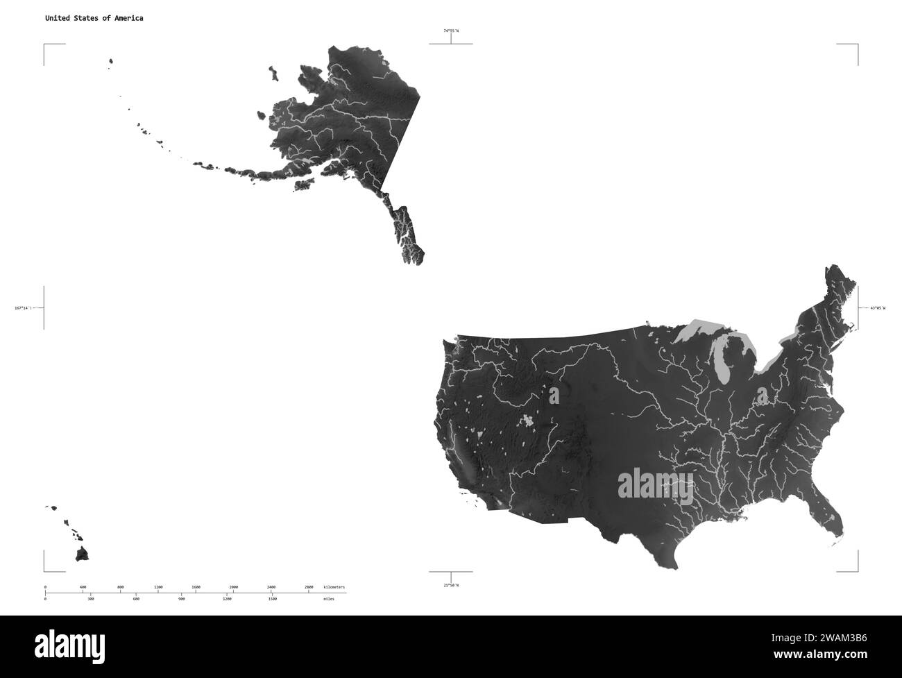 Shape of a Grayscale elevation - Shape Of A Grayscale Elevation Map With Lakes And Rivers Of The United States Of America With Distance Scale And Map Border Coordinates Isolated On 2WAM3B6 