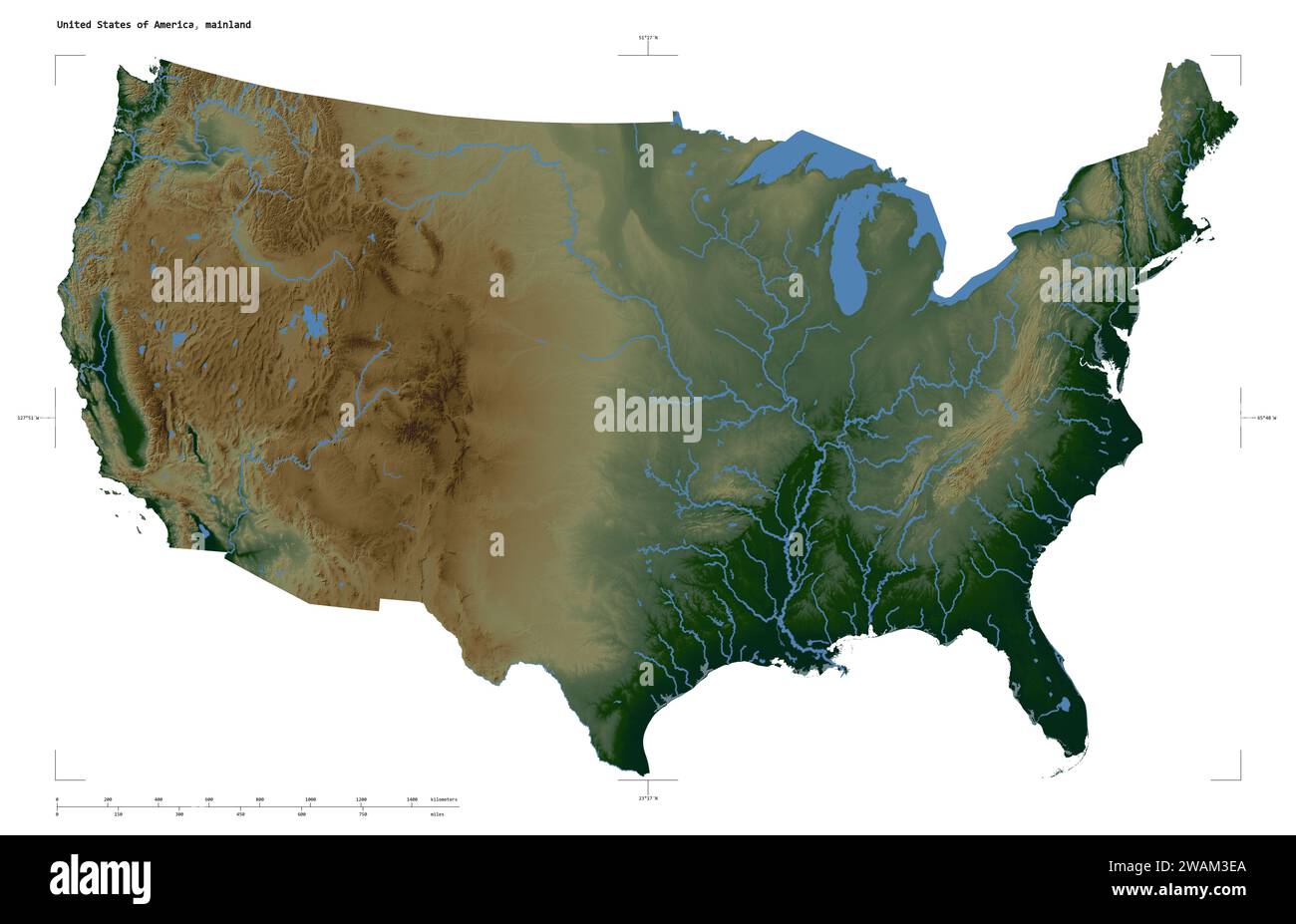 Shape of a Colored elevation map - Shape Of A Colored Elevation Map With Lakes And Rivers Of The United States Of America Mainland With Distance Scale And Map Border Coordinates Isol 2WAM3EA 
