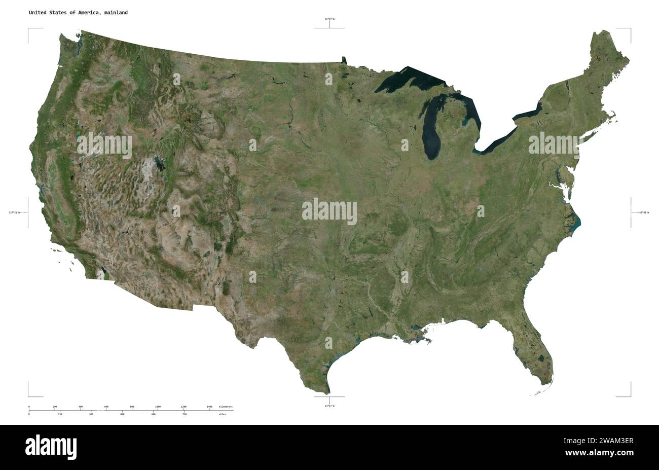 Shape of a high resolution satellite - Shape Of A High Resolution Satellite Map Of The United States Of America Mainland With Distance Scale And Map Border Coordinates Isolated On White 2WAM3ER