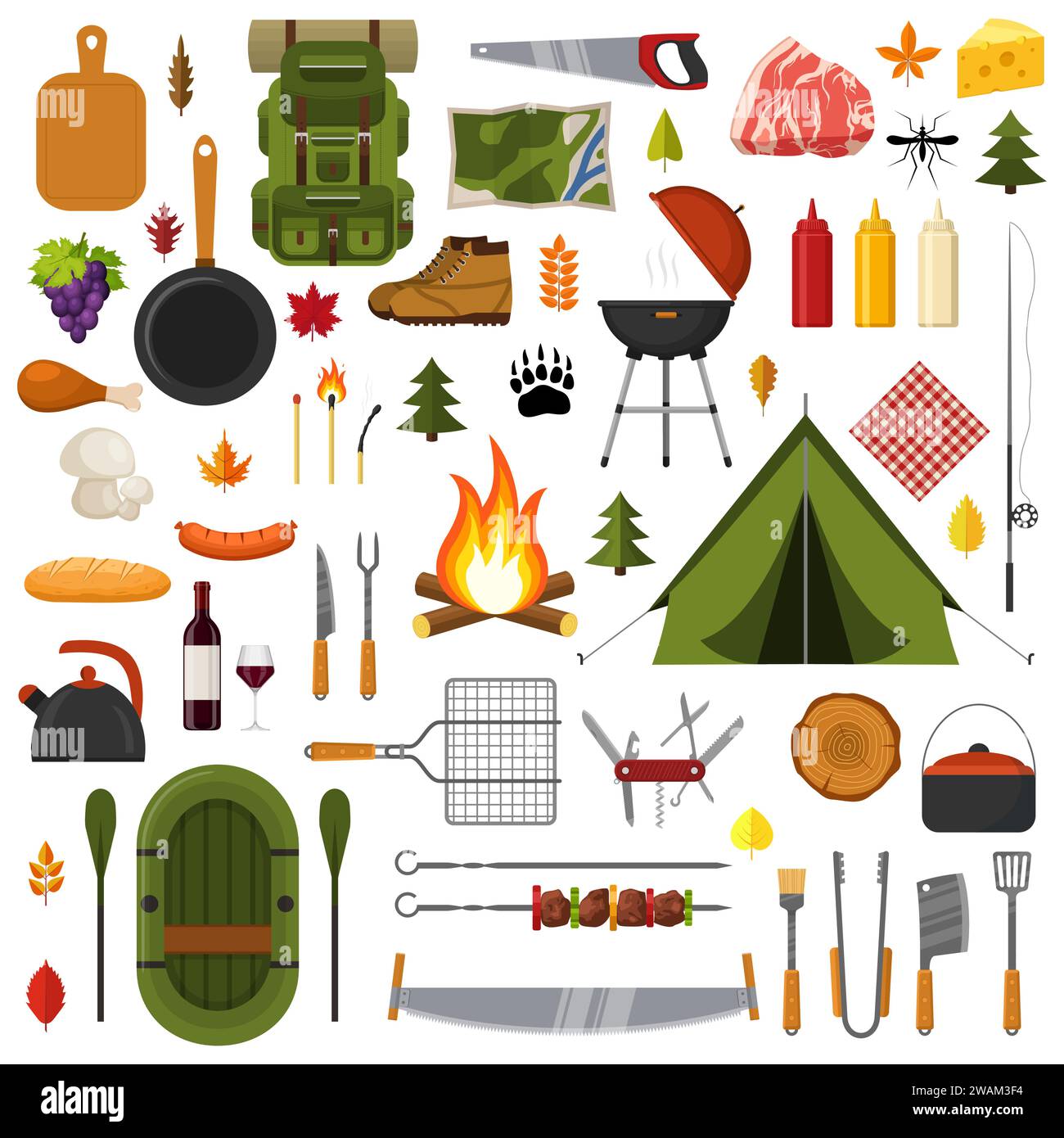Camping and hiking elements. Forest hike icon set. Camp gear backpacker collection tourist tent, backpack, food, barbecue, boat, shoes, campfire and o Stock Vector