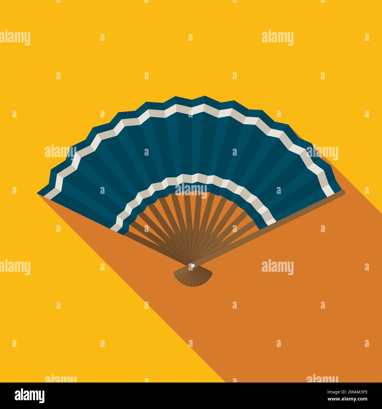 Blue hand fan icon on yellow background, Japanese and Chinese folding fan, Traditional Asian paper geisha fan. Vector illustration Stock Vector