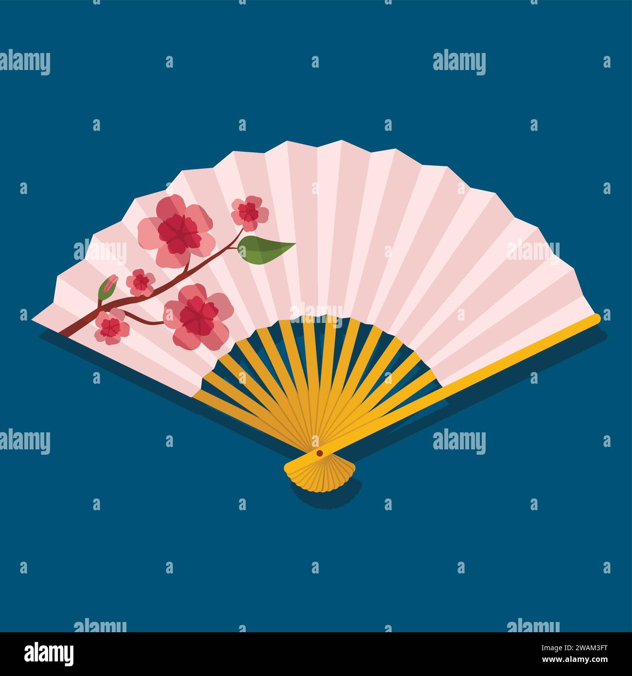 Hand fan with sakura branch with flowers isolated on blue background, Japanese and Chinese folding fan, Traditional Asian paper geisha fan. Vector ill Stock Vector