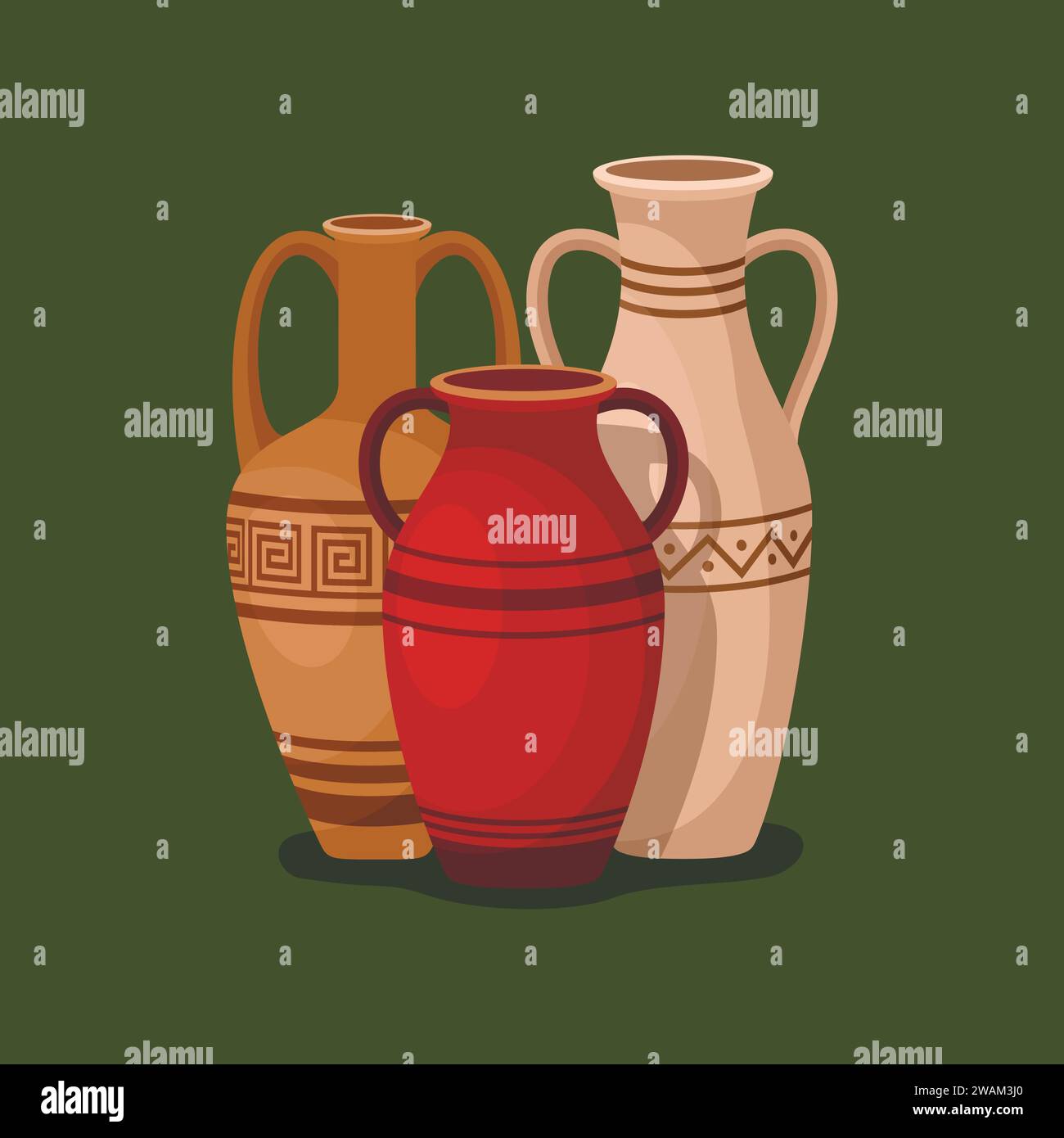 Set of antique amphora with two handles. Ancient clay vases jars, Old traditional vintage pot. Ceramic jug archaeological artefacts. Greek or Roman ve Stock Vector