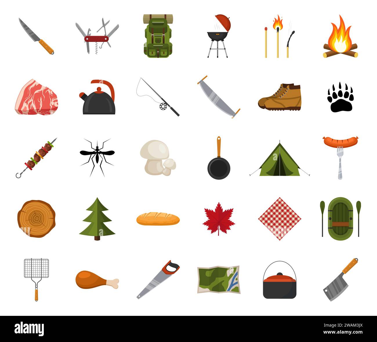 Camping and hiking icon set. Forest hike elements. Camp gear backpacker collection tourist tent, backpack, food, barbecue, boat, shoes, campfire and o Stock Vector