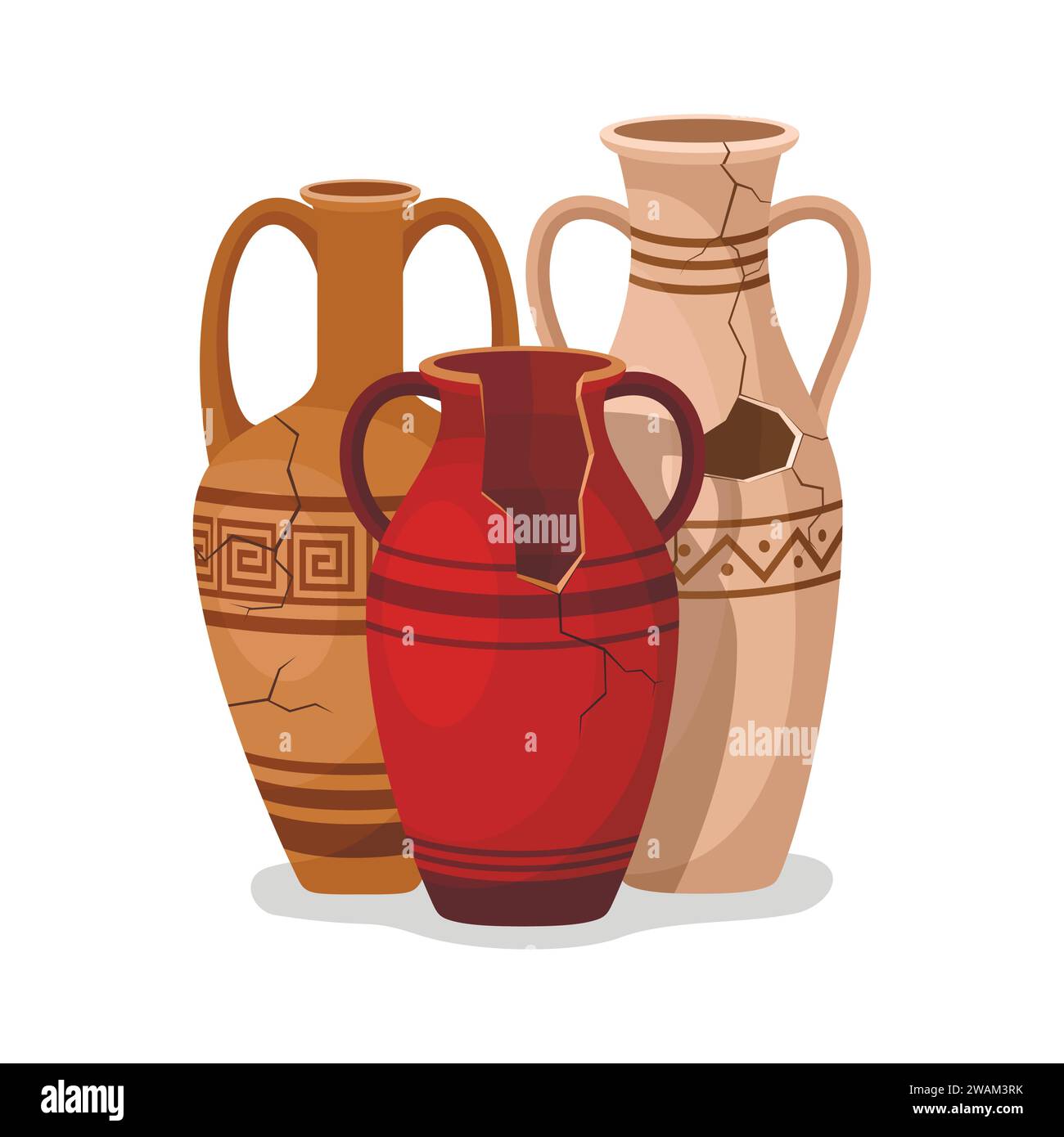 Set of antique amphora with two handles. Broken ancient clay vases jars, Old traditional vintage pot. Ceramic jug archaeological artefacts. Greek or R Stock Vector